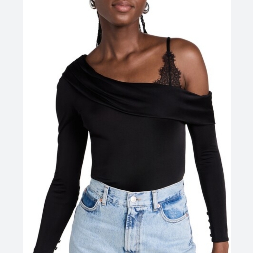 Jonathan Simkhai NWT Nadia one shoulder lace trimmed bodysuit Sz L